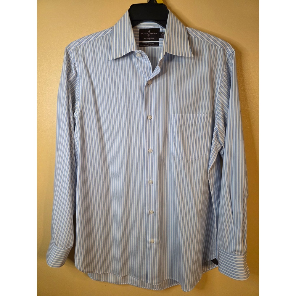 Black Brown 1826 Mens Dress Shirt Blue White Stripe Non-Iron Classic Fit 15.5 32